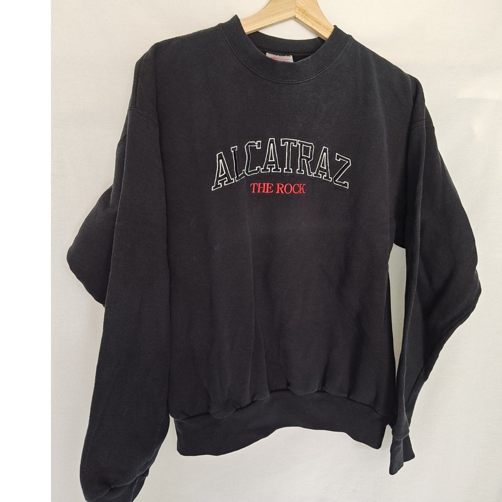 Vintage Sweatshirt Alcatraz The Rock Embroidered Graphic Black Hanes Unisex M - Picture 3 of 5